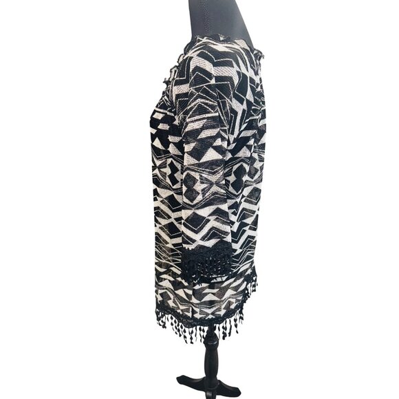 Ali Miles Black White Geometric Semi Sheer Knit Top Tassel Trim S Resort Coverup - Picture 5 of 10